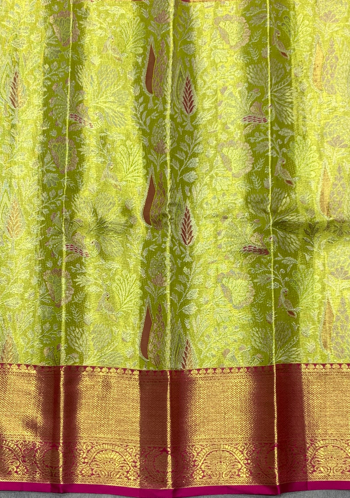 Lime Yellow Shade Pure Kanchipuram Kids Pattu Pavadai with Contrast Border for Newborn to 2 Years
