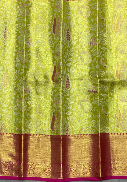 Lime Yellow Shade Pure Kanchipuram Kids Pattu Pavadai with Contrast Border for Newborn to 2 Years