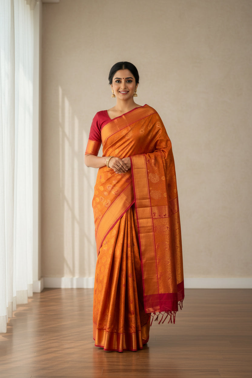 Vegan Silk Saree Golden Yellow Colour with Pink and Copper Border