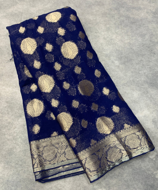 Georgette Saree Navy Blue Colour with Sliver Floral Design Border