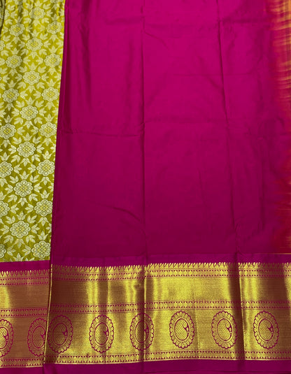 Yellow Green shade Vegan Silk Kids Pattu Pavadai with contrast border for age 5 to 10