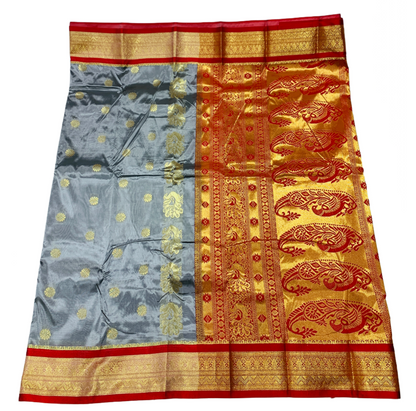 Gray shade saree with Golden and Red Border