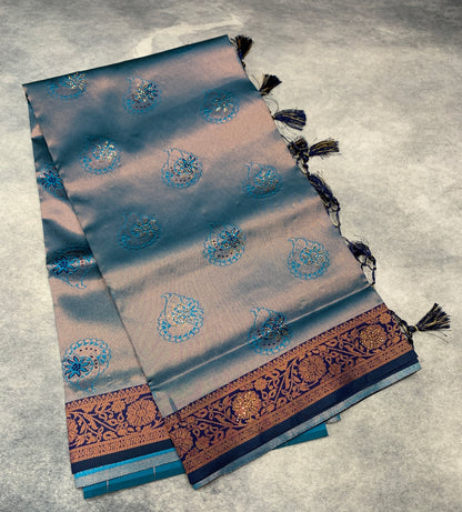 Art Silk Saree Sky Blue Colour and Stone Work with Navy Blue Border