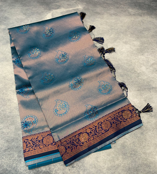 Art Silk Saree Sky Blue Colour and Stone Work with Navy Blue Border