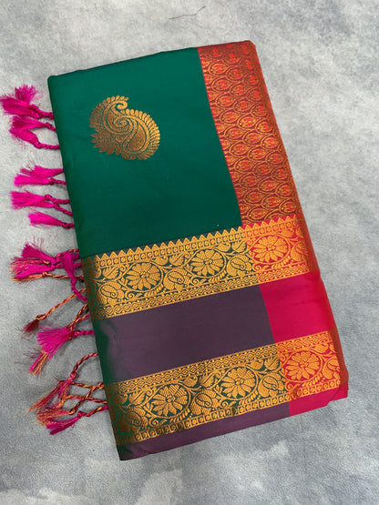 Soft Vegan Silk Saree Green Colour with Rettai Pettu Border