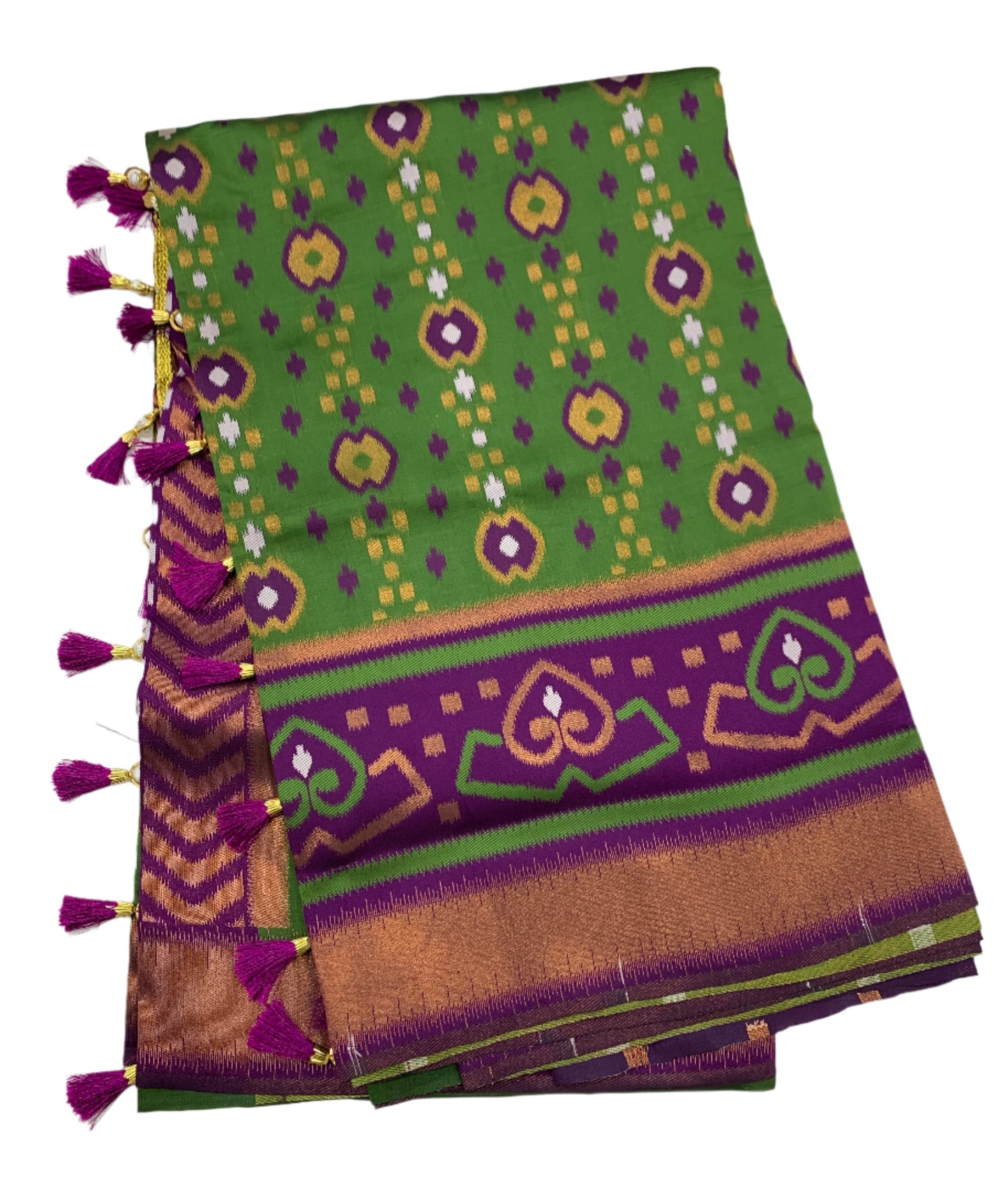 Pochampalli Semi Silk Saree Olive Green Colour with Magenta Border