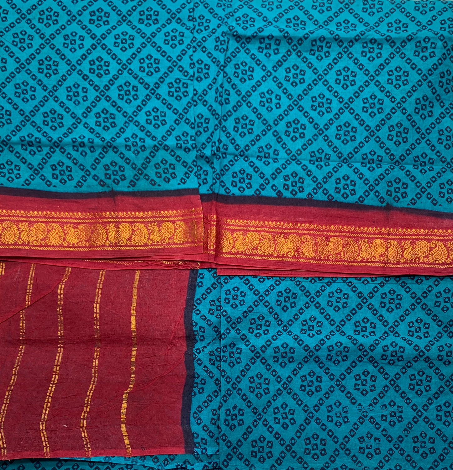 Chettinad Sungudi Cotton Deep Aqua Blue Colour with Printed Saree