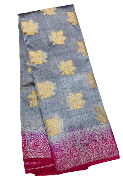 Tussar Saree Gray Colour with Pink Border