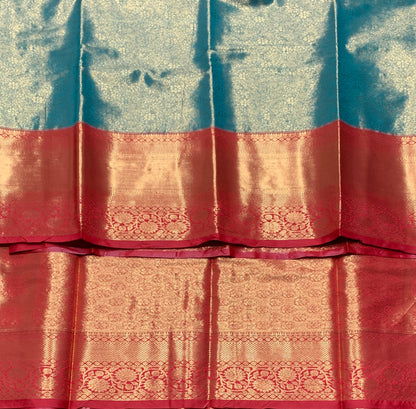 Fancy Tissue Saree Light Green Colour with Red Colour Floral Design Border