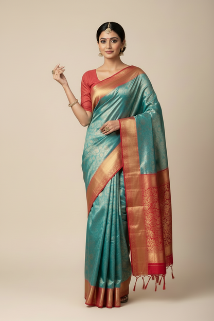 Fancy Tissue Saree Light Green Colour with Red Colour Floral Design Border