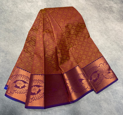 Synthetic Cotton Saree Brown Colour with Copper Floral Design Border