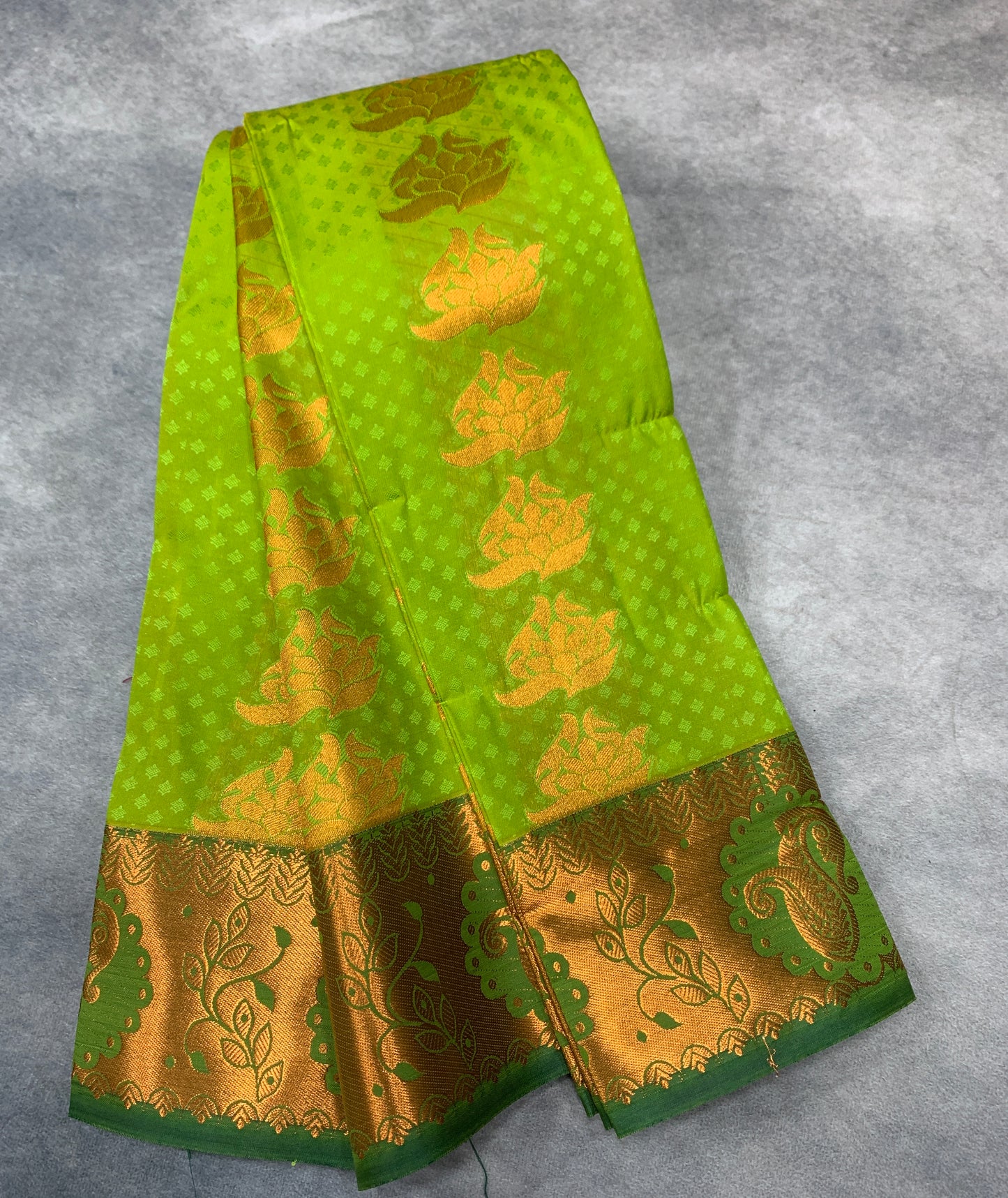Vegan Silk Saree Apple Green Colour Saree with Copper Border