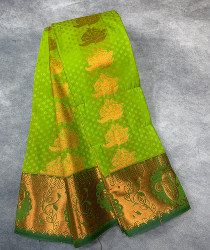 Vegan Silk Saree Apple Green Colour Saree with Copper Border