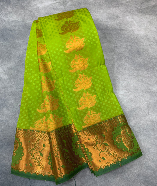 Vegan Silk Saree Apple Green Colour Saree with Copper Border