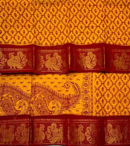 Chettinad Sungudi Cotton Mustard Colour with Maroon Border