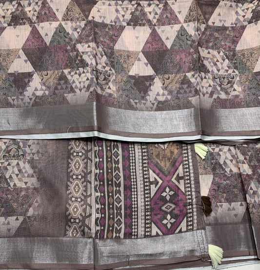 Jute Cotton Saree Tussar and Brown Shade with Thread Border