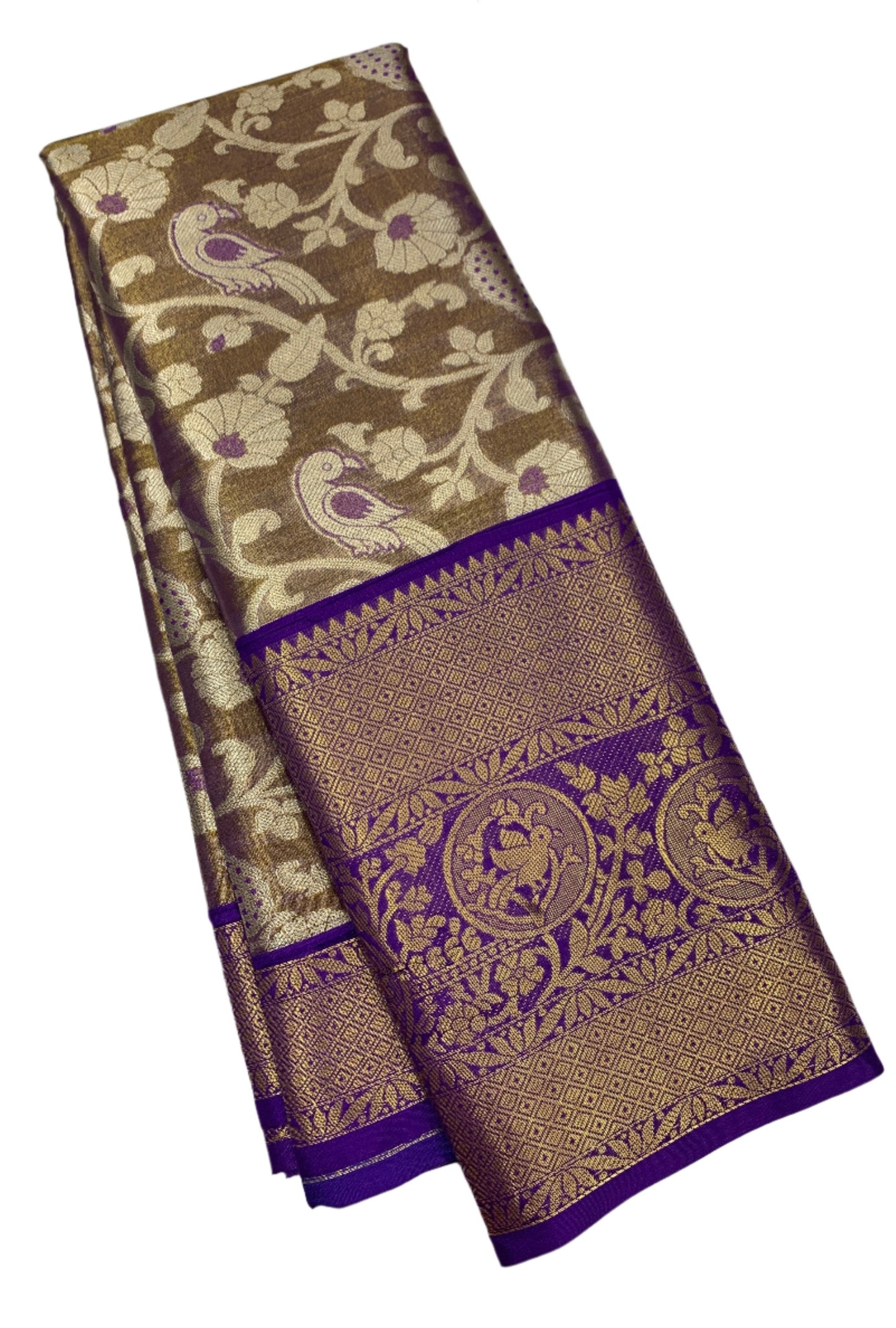 Fancy Tissue Saree Golden Colour with Blue Border