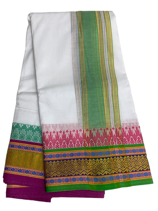 9X5 Cotton Dhoti White Colour with  Light Green Border