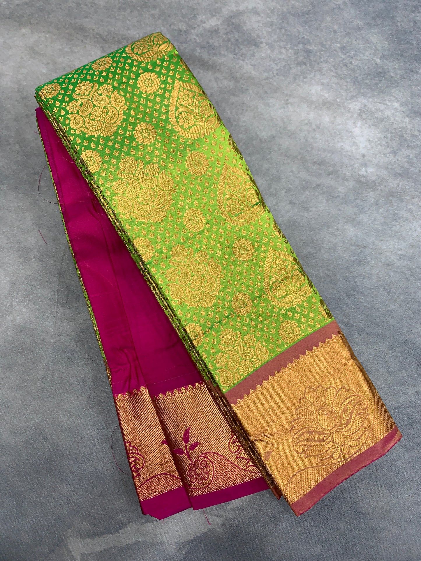 Vegan Silk Saree Light Green Colour with Pink and Copper Border
