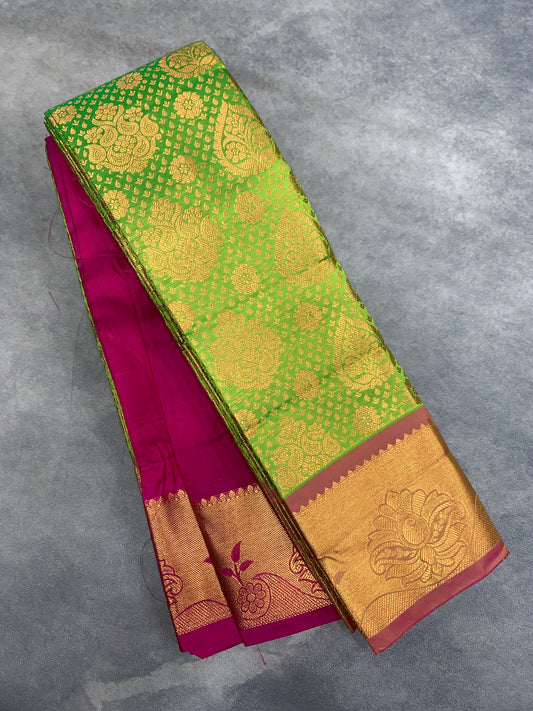 Vegan Silk Saree Light Green Colour with Pink and Copper Border