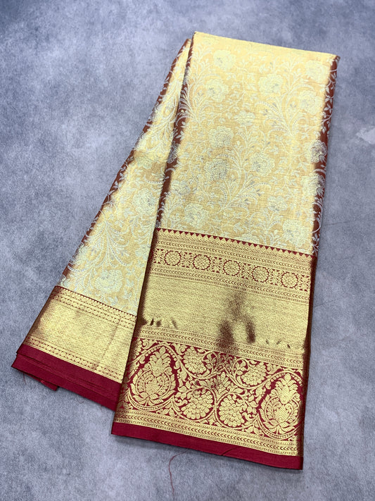 Golden and Sliver Shade Soft Kanchi Tissue Pattu Saree with Large Maroon Border