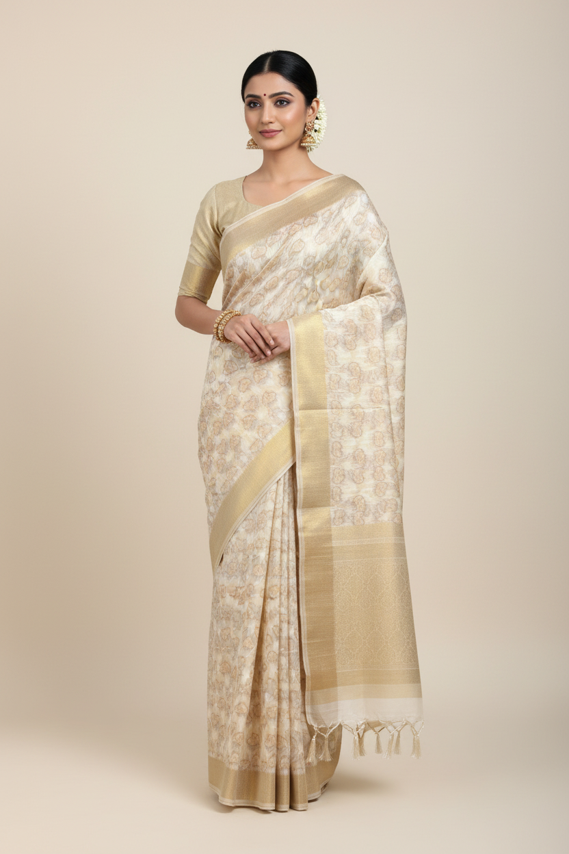 Banaras Katan Saree Off White Colour with Katan Work Border