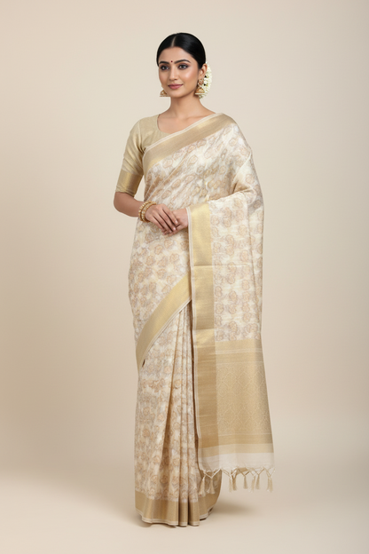Banaras Katan Saree Off White Colour with Katan Work Border