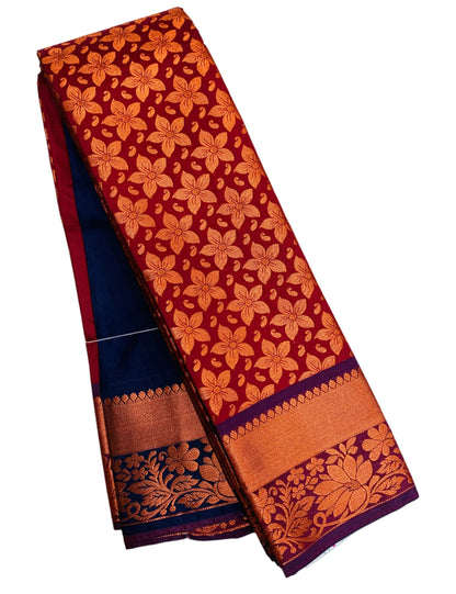 Vegan Silk Saree Maroon Colour with Copper and Blue Border