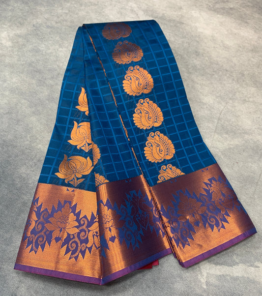 Vegan Silk Saree Blue Colour Saree with Copper Border