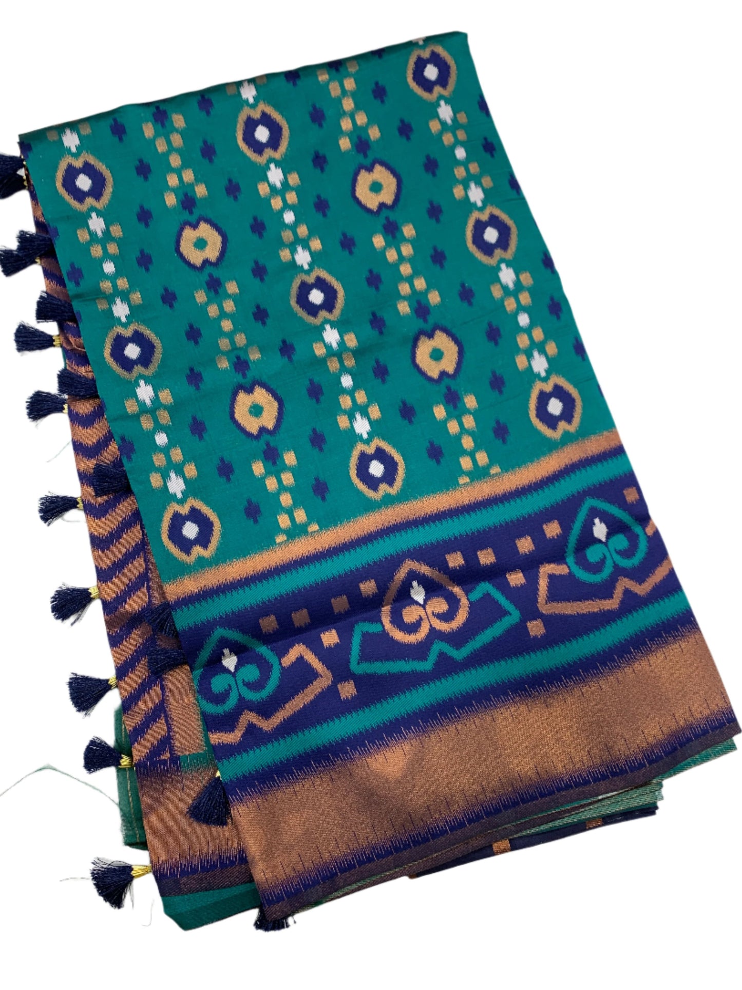 Pochampalli Semi Silk Saree Peacock Green Colour with Blue  Border