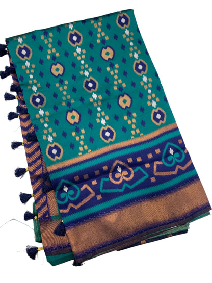 Pochampalli Semi Silk Saree Peacock Green Colour with Blue  Border