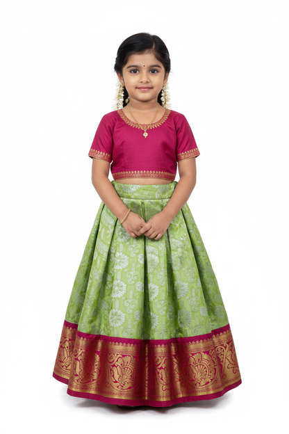 Pista Green Shade Vegan Silk Kids Pattu Pavadai with Contrast Border for Newborn to 2 Years