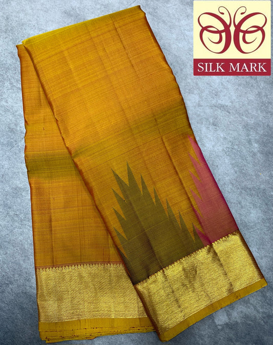 Pure Kanchipuram Silk Saree Golden Mustard Colour with Golden Zari Border