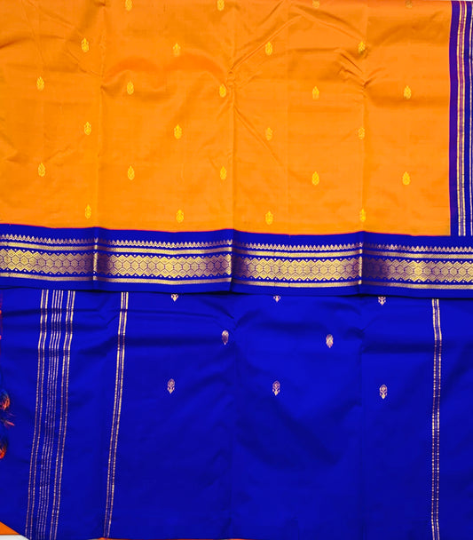 Pure Kanchipuram Silk Mango Yellow Colour with Blue Border