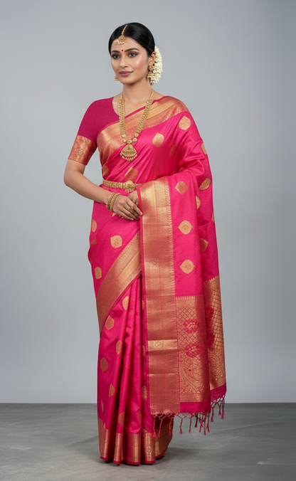 Soft Vegan Silk Saree Rani Pink Colour with Pink and Copper Border