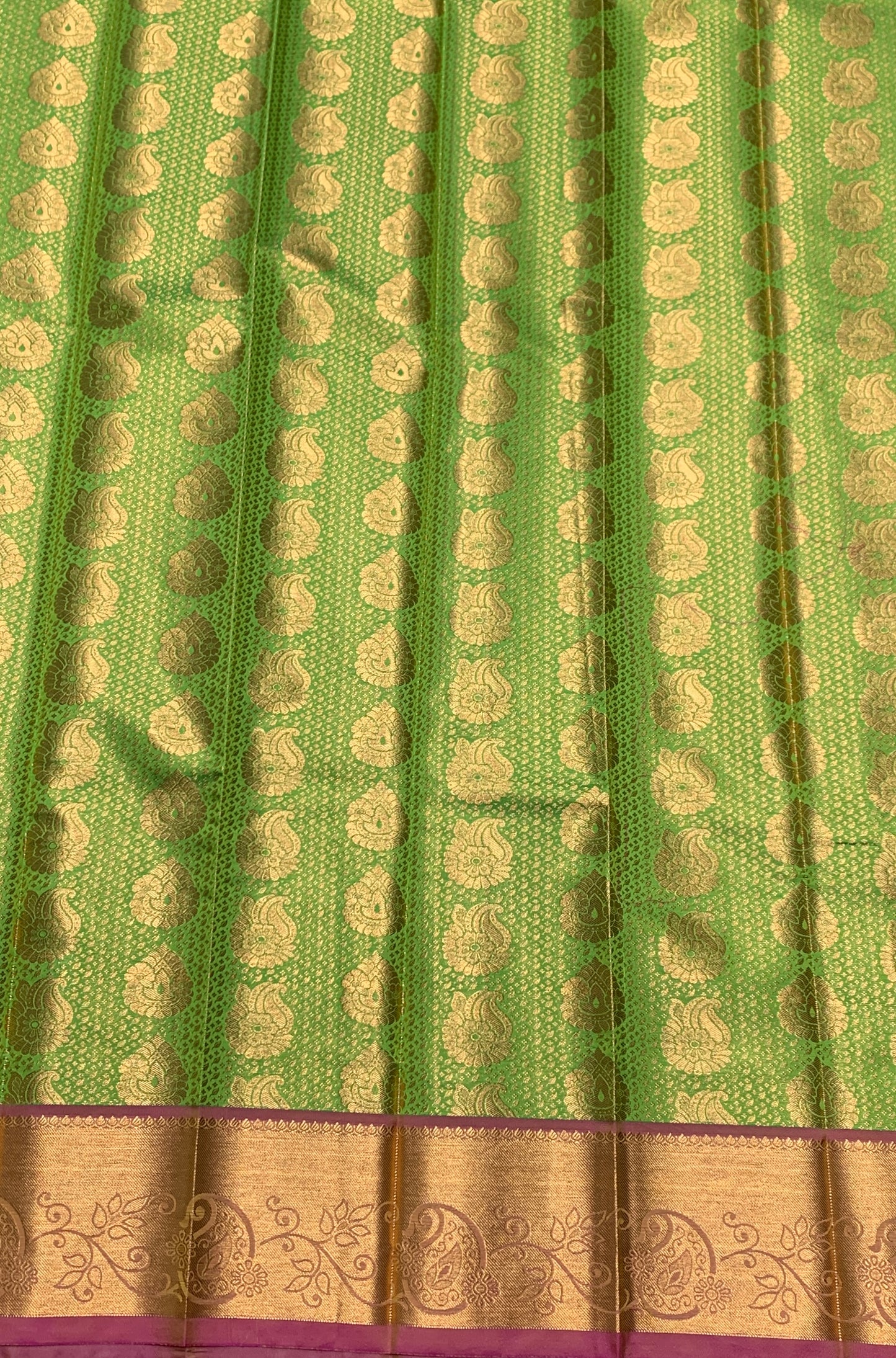 Vegan Silk Saree Apple Green Colour with Pink and Copper Border