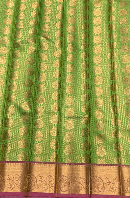 Vegan Silk Saree Apple Green Colour with Pink and Copper Border