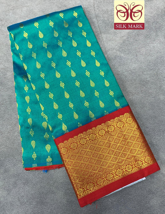 Peacock Green Shade Pure kanchipuram Kids Pattu Pavadai with Contrast Border for Newborn to 2 Years