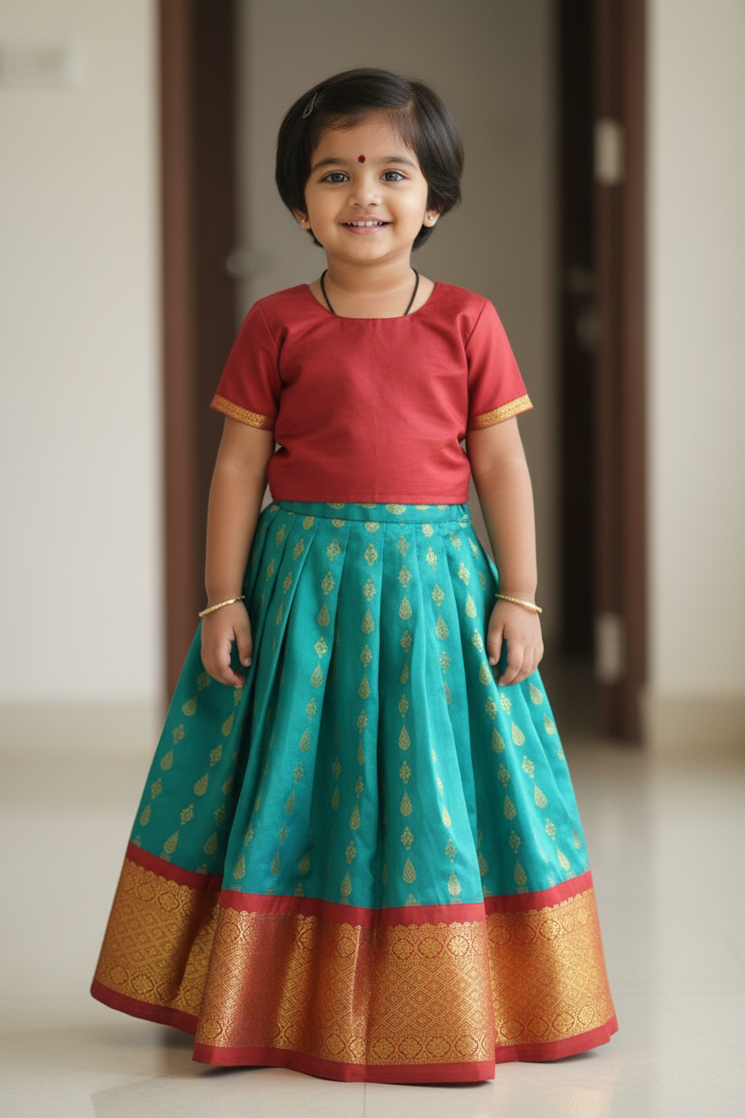 Peacock Green Shade Pure kanchipuram Kids Pattu Pavadai with Contrast Border for Newborn to 2 Years