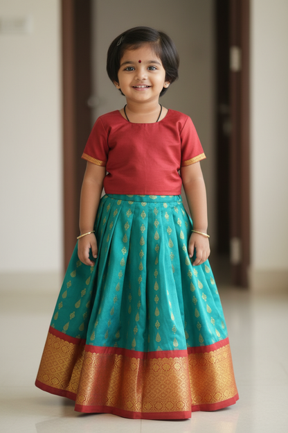 Peacock Green Shade Pure kanchipuram Kids Pattu Pavadai with Contrast Border for Newborn to 2 Years