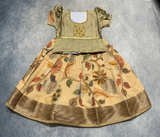 Ready To Wear Sandal Colour Pavadai with Contrast Army Green Colour Blouse