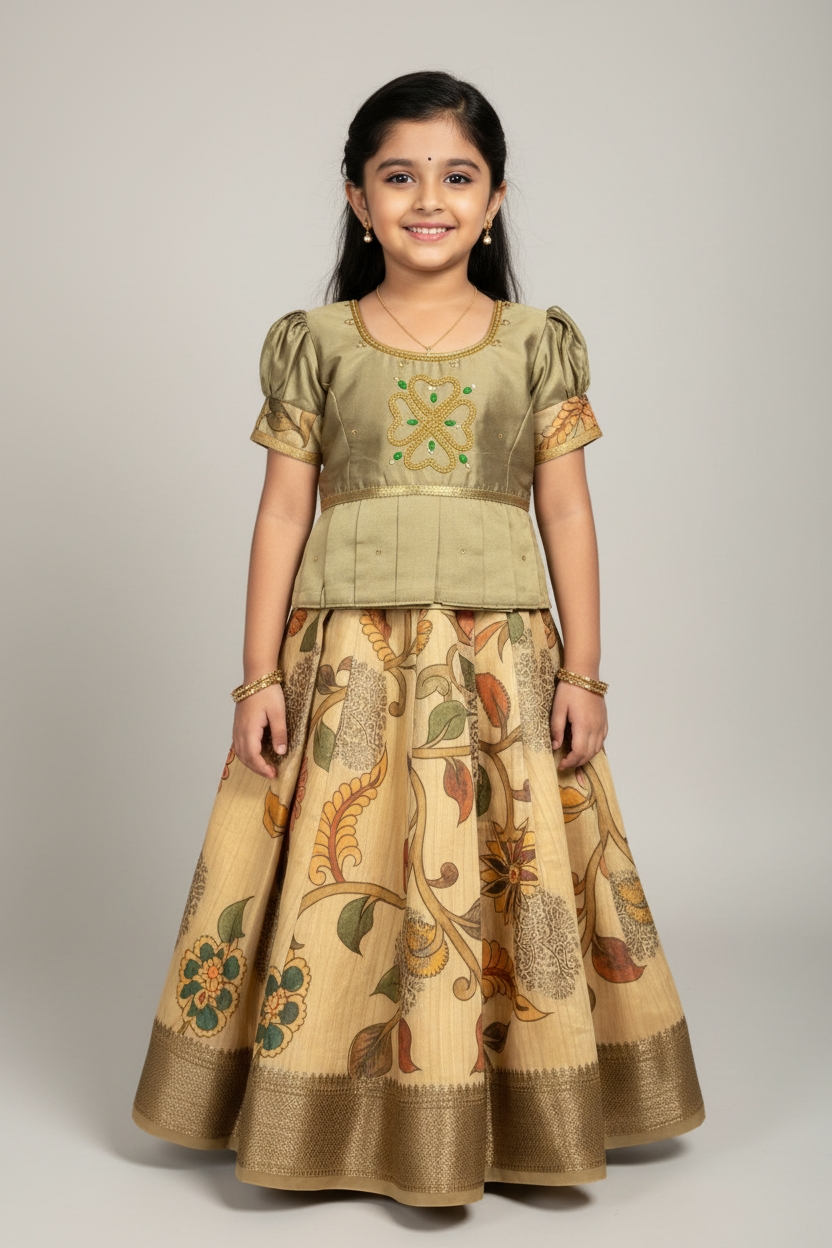 Ready To Wear Sandal Colour Pavadai with Contrast Army Green Colour Blouse