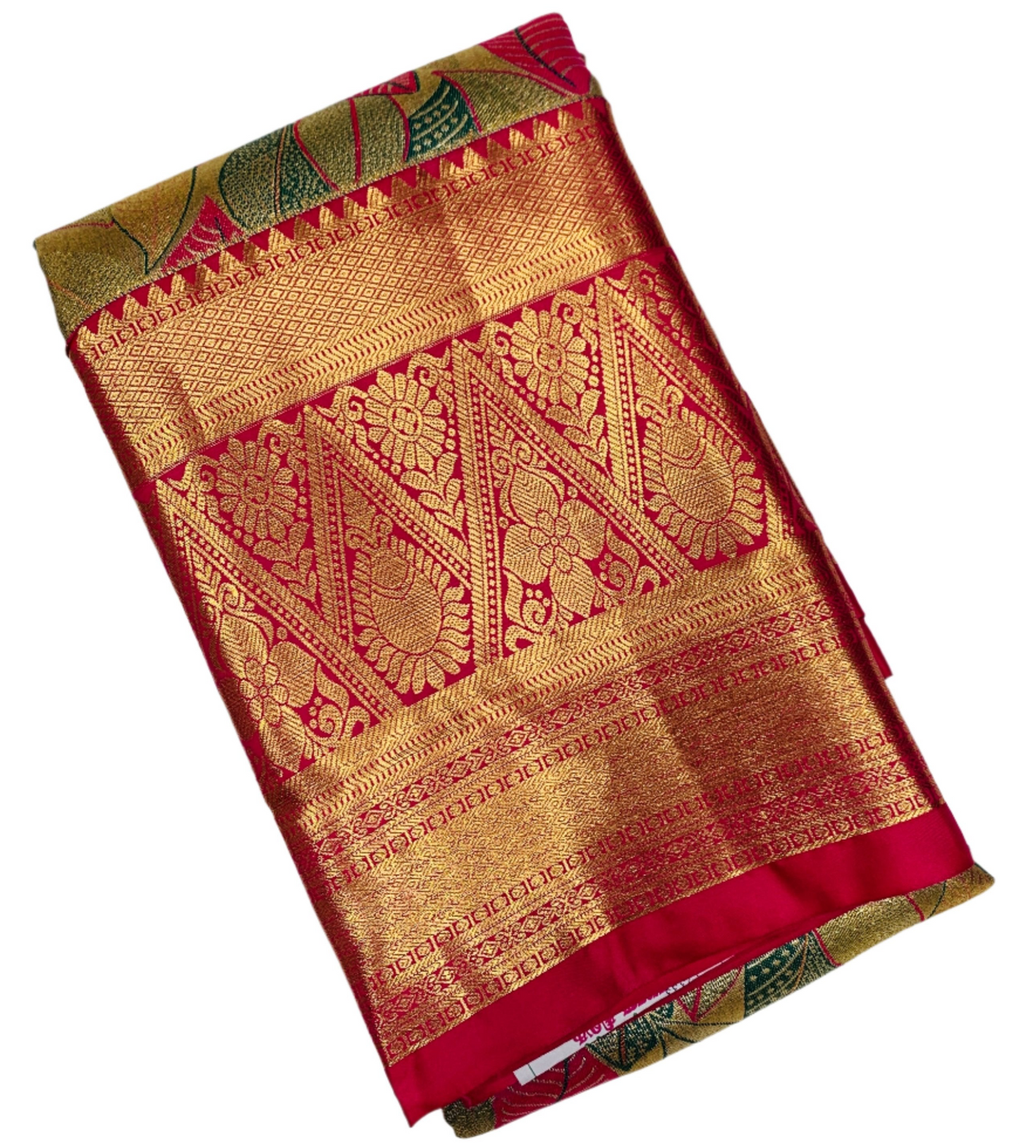 Green & Pink Leaf Soft Kanchi Tissue Pattu Saree with Pink border