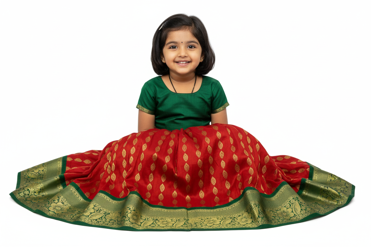 Red Colour Pure Kanchipuram Kids Pattu Pavadai with Contrast border for age 2 to 5