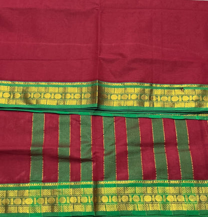 Chettinad Cotton Saree Maroon Colour with Light Green Colour with Zari Work Border