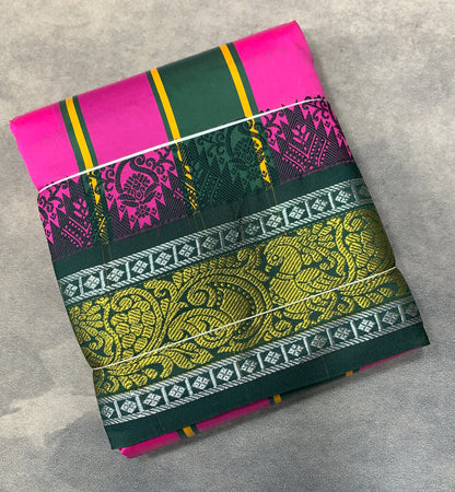 Art Silk Dhothi 9X5 Pink Colour with Green and Maroon Colour Ganga Jamuna Border
