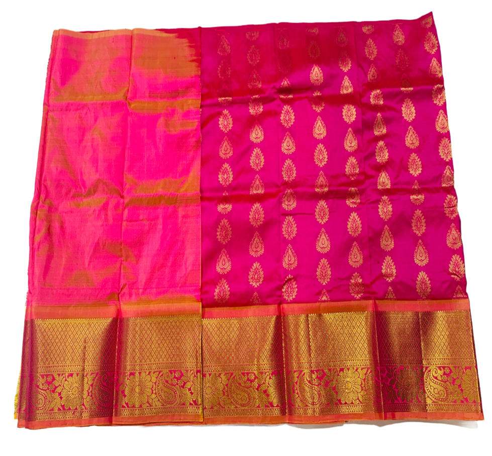 Pink shade Pure Kanchipuram Kids Pattu Pavadai with contrast border for age 2 to 5