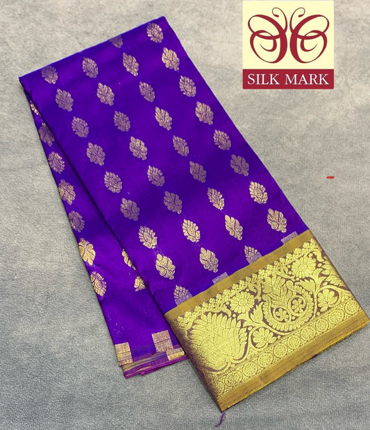 Violet Shade Pure Kanchipuram Kids Pattu Pavadai with Contrast Border for Newborn to 2 Years