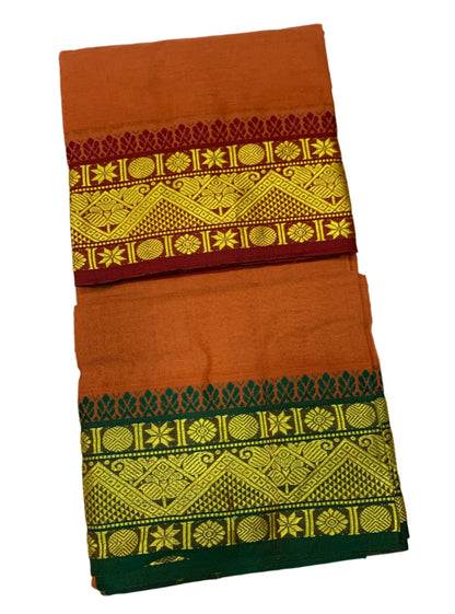 9X5 Cotton Dhoti Honey Brown Colour with Maroon and Green Border