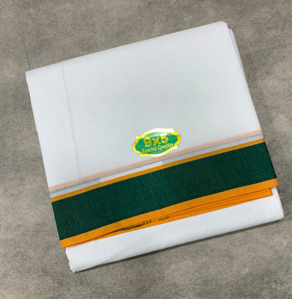 9X5 Cotton Dhoti White Colour with Green and Yellow Border